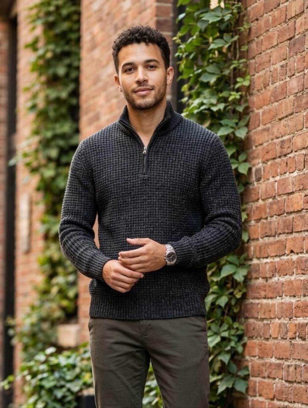 Aeropostale Charcoal Black Marled Waffle-Knit Quarter-Zip Sweater-Lg #58